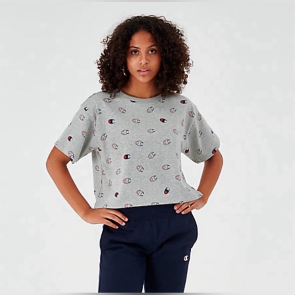 Champion Heritage Cropped Logo Tee Oxford Grey All Over Print Size XS - Picture 5 of 7